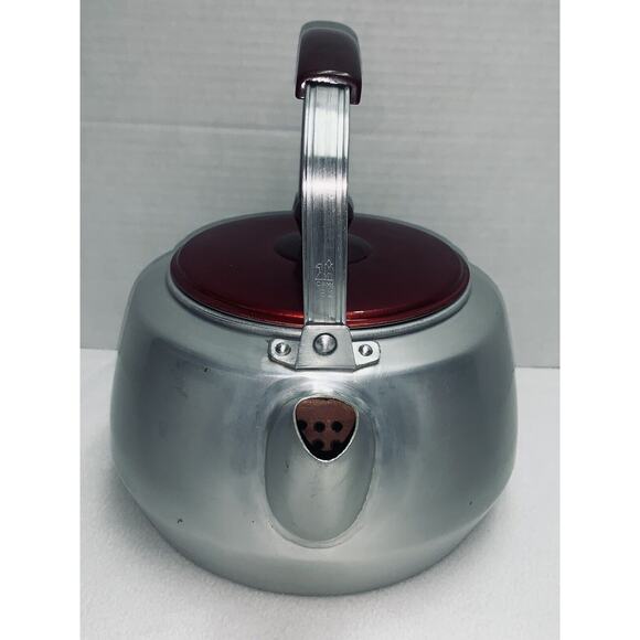 Aluminum Tea Kettle with Red Lid and Handle -Camel Farmhouse Chic ! Gallon GUC - Picture 3 of 13